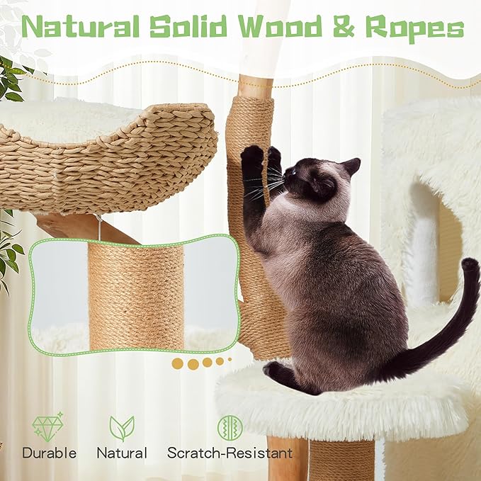 Erinnyees 54" Real Wood Cat Tree for Indoor Cats, Modern Boho Cat Tower with Woven Basket Beds, Natural Branch Scratching Post, Luxury Cat Condo Furniture, White