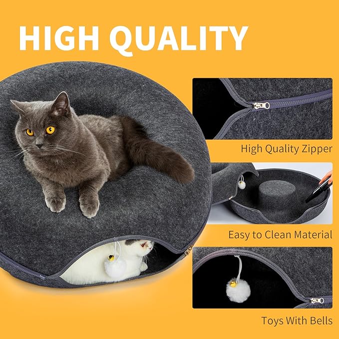 Peekaboo Cat Tunnel for Large Cats up to 10 lbs, Features A Jingle Ball, Removable and Washable Tunnel Bed, and a Cozy Donut Tunnel (Dark Grey, 20 Inches)