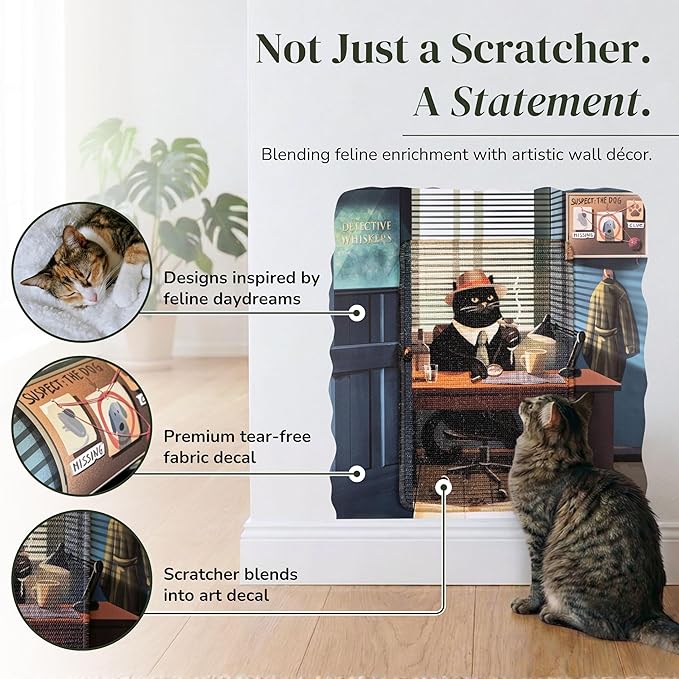 Vertical Cat Scratcher - Removable Wall Mounted Cat Scratcher and Art Decal – Wall Scratch Pad for Cats with Sisal Cat Scratcher – Large Protective Wall Scratchers for Indoor Cats