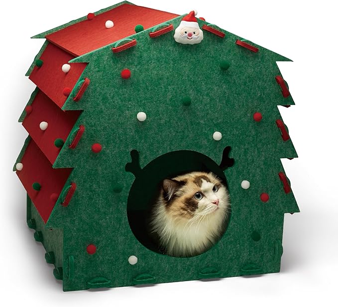 KAQJW Christmas Detachable Felt Cat Bed Condo Shelter House for Indoor Use - Easy to Assemble, Durable and Warm Funnest - Cozy Shelter with Bonus Cat Toys (Xmas-Large House)