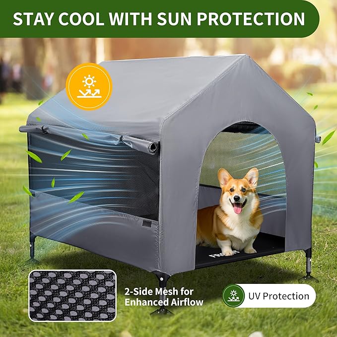 Summertrail 36" Large Dog House Outdoor Indoor with Breathable Mesh Windows-Elevated Dog Bed Cot Dog Tent Shade Shelter for Large Breeds with Canopy, Weatherproof Dog Kennel for Outside, Easy Clean