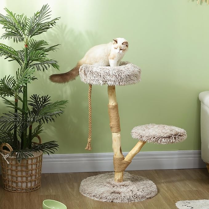 PawHut Cat Tree Tower, 35 Inch Modern Cat Tree for Indoor Adult Cats with Wooden Natural Branch Scratching Posts, Cat Bed & Rope Cat Toy, Brown