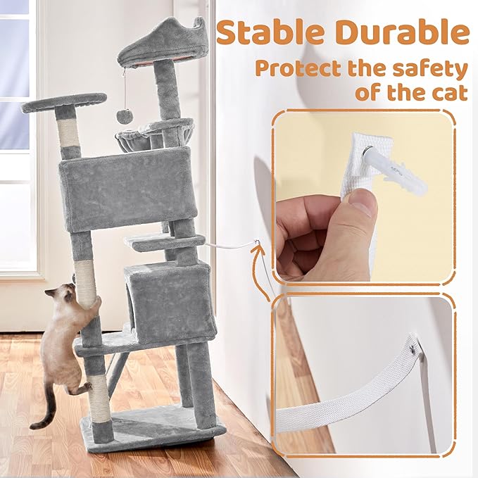 Topeakmart Cat Tree, 57 inches Multi-Level Cat Tree Tower with Scratching Posts, Cat Condo and Basket Kitten Activity Center, Light Gray