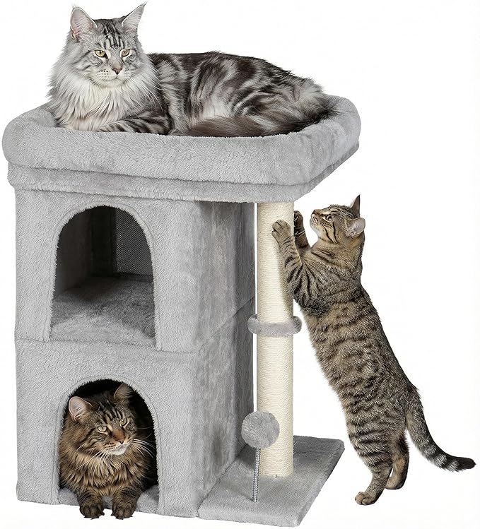 24in Cat Tree Tower with Scratching Post, 19 * 16.5in Window Perch Bed for Large Adult Cats, 2 Small Condo Cubbies for Indoor Kittens, Light Gray