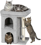 24in Cat Tree Tower with Scratching Post, 19 * 16.5in Window Perch Bed for Large Adult Cats, 2 Small Condo Cubbies for Indoor Kittens, Light Gray