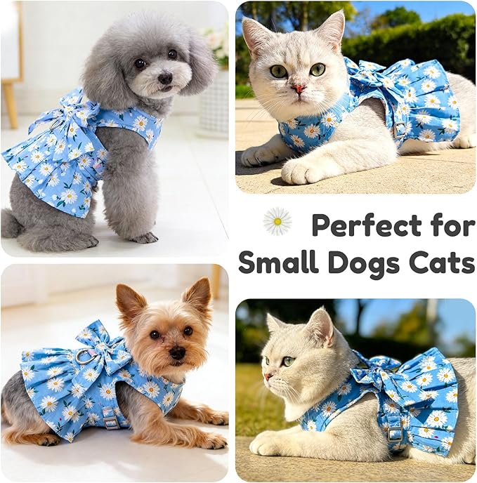 BAEJMJK Dog Dress Bowknot Harness Leash Set for Small Dogs Cats Daisy Floral Girl Dog Dresses Cute Puppy Princess Clothes Pet Doggy Outfits Spring Summer Breathable Dresses(Blue,Small)