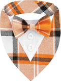 Fall Dog Tuxedo Bandana, Orange Plaid Pet Collar with Bowtie, Adjustable Halloween Thanksgiving Dog Tux Costume for Small to Extra Large Pets