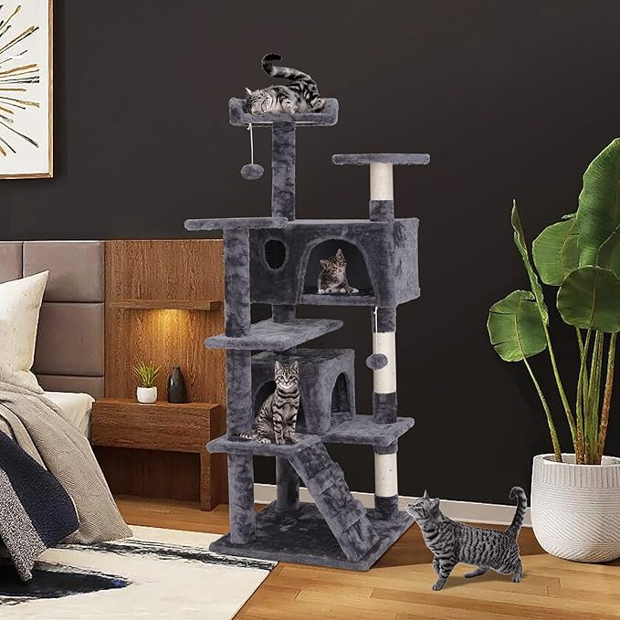 54-Inch Cat Tree Multi-Level Condo Tower Bed Furniture Kitten Play House with Scratching Posts, Dark Grey