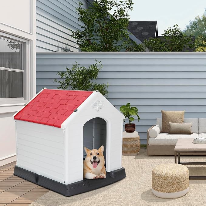 ZENY Plastic Dog House - Waterproof Dog Kennel with Air Vents and Elevated Floor All Weather Indoor Outdoor Insulated Doghouse Puppy Shelter, Easy to Assemble (Red, 28inch)