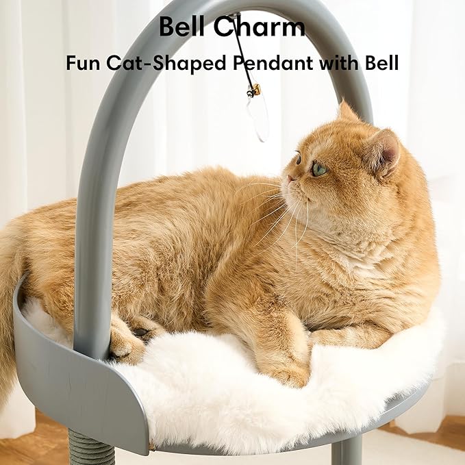 Modern Cat Tree, Wood Cat Tower with Steel Frame, Scratching Posts, Cat Capsule, Plush Mat, Bell Dangling Toy, Aesthetic Minimalist Heavy-Duty Cat Climbing Tree for Large Indoor Adult Cats-Grey
