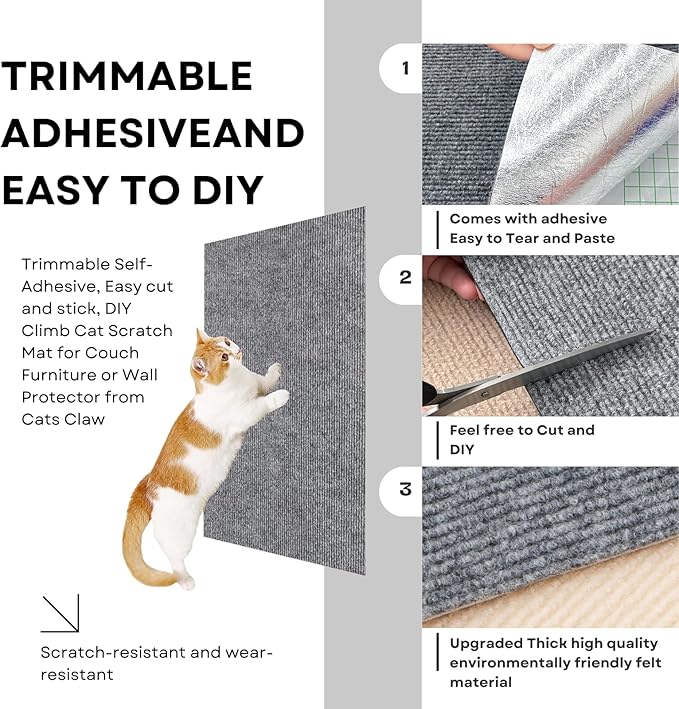Cat Scratch Mat,Furniture Protector, 39.3"x15.8" Trimmable Self-Adhesive Cats Scratch Carpet, DIY Climb Cat Scratch Mat for Couch Furniture or Wall Protector (Cream White)