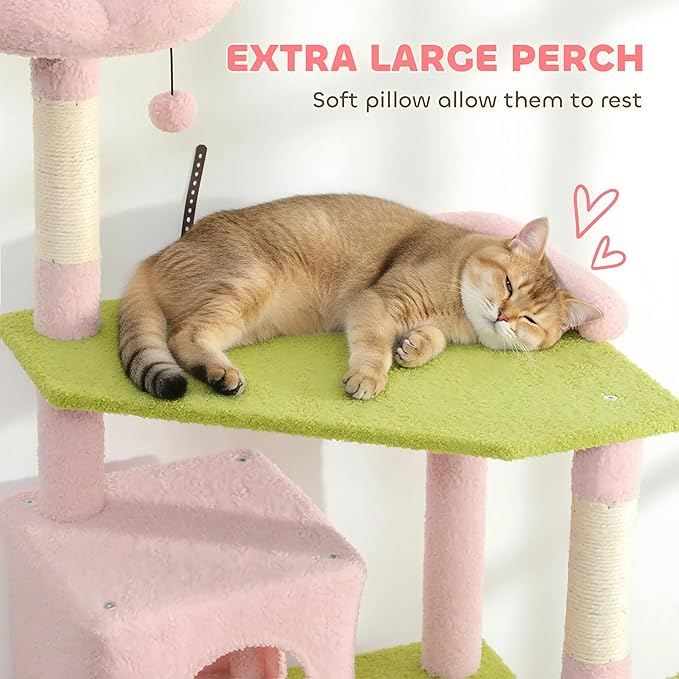 74" Tall Cat Tree Multi-Level Cat Tower for Indoor Cats with Cat Condo, Hanging Basket, Sisal Scratching Posts, Plush Balls and Hammock for Small Large Cats (Pink)