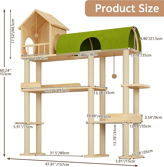 Wood Cat Tree Tower for Automatic Litter Box, 60.2'' Tall Cats Tree with Cat Tunnel, Cat Tower for Indoor Cats Large Adult, 4-Level Solid Wood Cats Furniture with 18Pcs Scratching Post, House