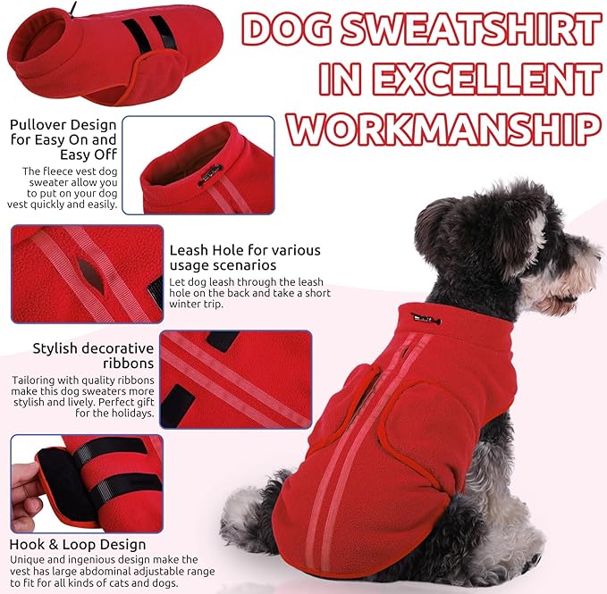 Queenmore Medium Dog Sweaters, Soft Fleece Vest Pullover Dog Jacket with Leash Hole, Warm Winter Dog Clothes Cold Weather Doggy Dachshund Sweater for Medium Dogs Cats Boy or Girl (Red,M)