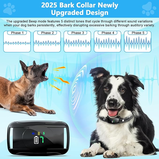 No Shock Bark Collar for Large & Medium Dogs - Safe & Humane Dog Bark Collar with Beep & Vibration 7 Adjustable Sensitivity Levels, IPX7 Waterproof Dog Training Collar Indoor Outdoor Use