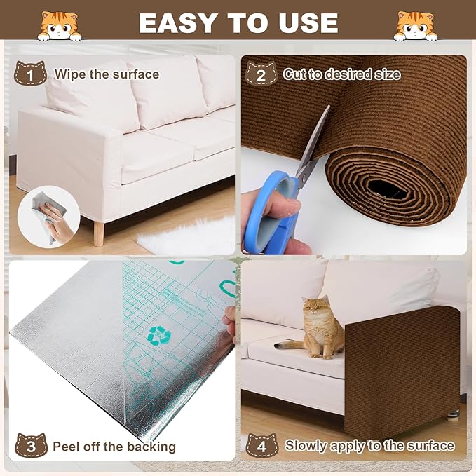 Cat Scratch Furniture Protector, 78.7"x15.8" Cat Scratching Mat, Trimmable Self-Adhesive Cats Claws Scratch Pads, DIY Carpet Mat Replacement for Cats Tree, Cats Wall Shelves, Brown
