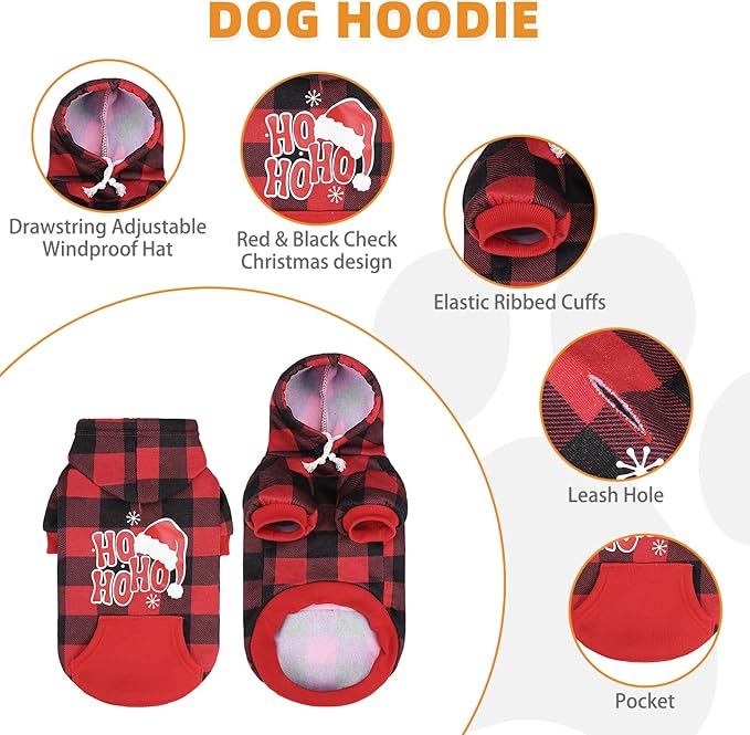 KOOLTAIL Christmas Dog Hoodie, Red Plaid Pet Sweater, Hat Hooded Sweatshirt Dog Clothes for Small Medium Large Dogs Boys Girls, Soft Warm Winter Cold Weather Coat with Leash Hole&Pocket, Santa, S
