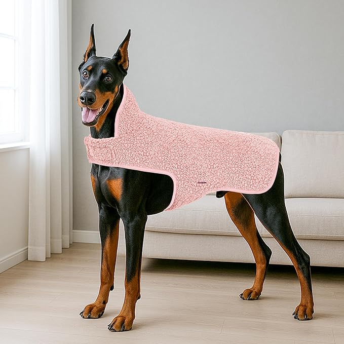 cyeollo Warm Dog Coat Fleece Winter Sweater Coats, Sherpa Reversible Dog Jacket Vest with Leash Hole for Large Dogs, Soft Pet Coats for Cold Weather, Pink, XXXL