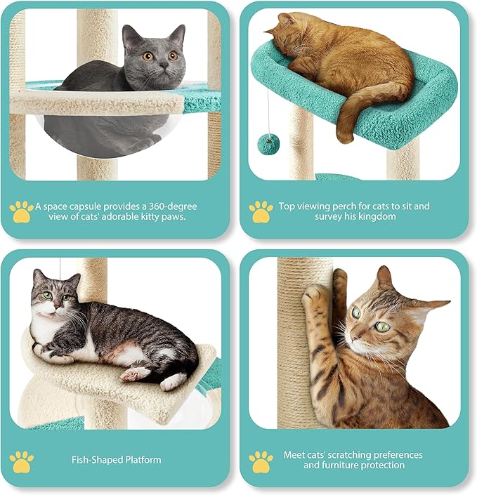 Yaheetech Cat Tree, 35.5in Cat Tower for Indoor Cats, Cat House with Scratching Posts & Padded Perch & Space Capsule, Cute Kitten Tree, Pet Furniture for Kittens, Indigo/Beige