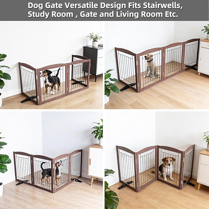 Dog Fence Indoor,Dog Gate Indoor for Doorway pet gate -4-Panel Freestanding, Hallways, House or Stairs -80x24-Inch Retractable Foldable Expandable Wood Pet by SFJC (Brown) ﻿