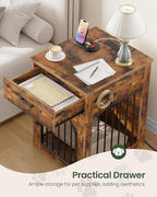 Dog Crate Furniture, Wooden Dog House with Charging Station and Storage Drawer, Indoor Pet Crate End Table for Small Breeds, for Living Room, Bedroom, Rustic Brown MGW01UFG