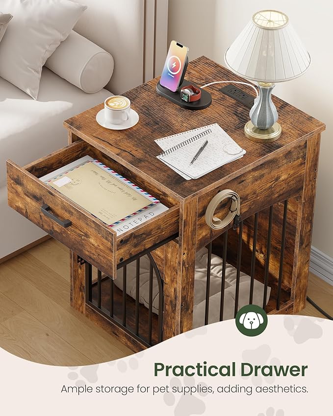 Dog Crate Furniture, Wooden Dog House with Charging Station and Storage Drawer, Indoor Pet Crate End Table for Small Breeds, for Living Room, Bedroom, Rustic Brown MGW01UFG