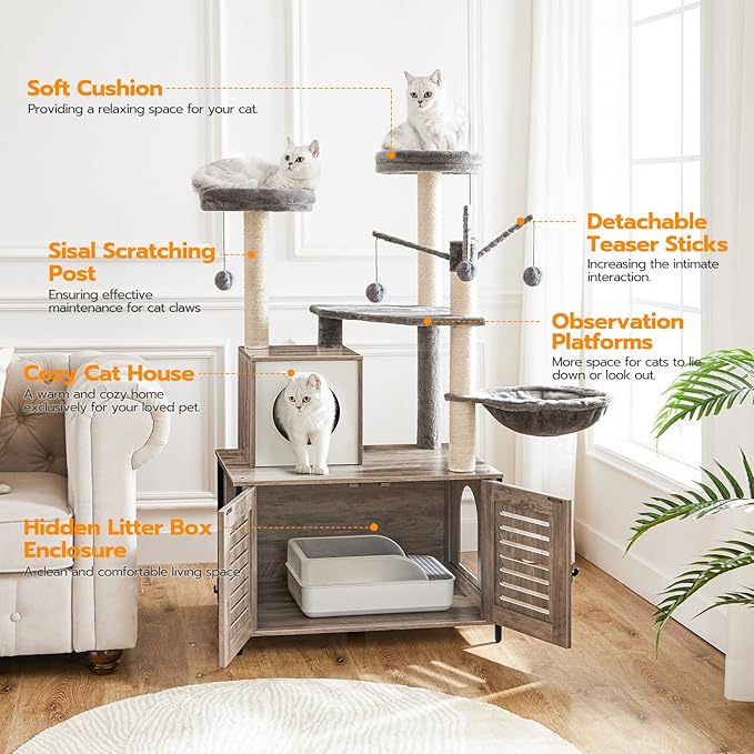 HOOBRO Cat Tree with Litter Box Enclosure, 27.6" L x 18.9" W x 52" H, All-in-One Wooden Cat Tower, Cat Furniture for Indoor Cats, Cat Condo with Hammock, Detachable Teaser Sticks, Greige BG14MZ03