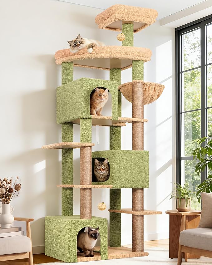 Globlazer Extra Large Catus Cat Tree Tower for Indoor Cats Large Adult, 80in Tall Heavy Duty Cat Tree with 3 Spacious Cat Condos, Oversized Fan-Shaped Perch, 6 Sisal Scratching Posts, S80, Green