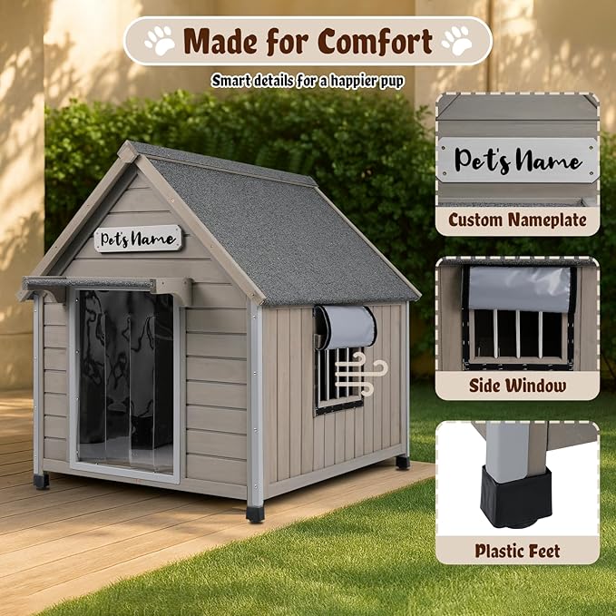 Outdoor Dog House Weatherproof, casa para Perros Wooden Medium-Large Breed with Anti-Chewing Iron Frame, Ventilated Window, Easy Clean and Assemble, 30.5" L x 37.4" W x39 H