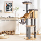 797Audio Wood Modern Cat Tree, 61.5" Cat Tower with Sisal Scratching Posts, Cat Condo, Capsule, Hamnock and Spinner Toy,Solid Wooden Aesthetic Multi-Level Cat Climbing Tree for Adult Indoor Cats-Gray
