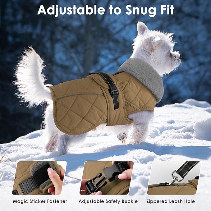 Dog Coat, Waterproof Dog Winter Jacket with Adjustable Buckle, Reflective Turtleneck Pet Snow Vest Warm Fleece Sweater for Small Medium Large Dogs - Khaki, S