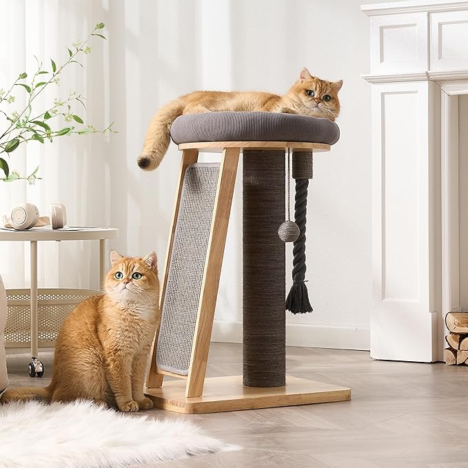 Modern Cat Tree Small Tower with Scratching Post for Indoor, Solid Wood Multifunctional Corner Cat Tree Tower with Bed, Dangling Ball,Interactive Rope, Scratching Board