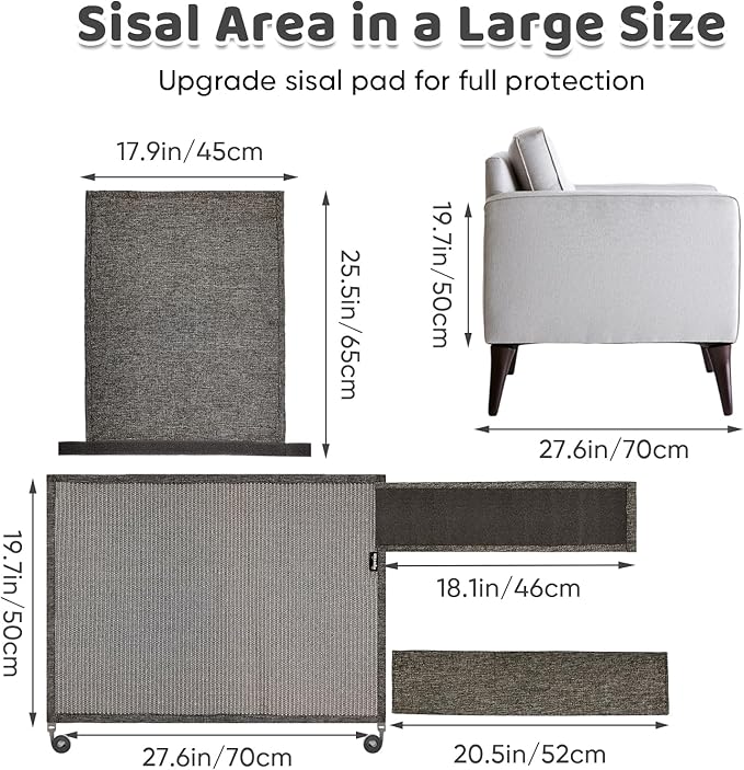 NATUYA Cat Scratch Furniture Couch Protector - Large Sisal Cat Scratching Pad Sofa Corner Arm Shield, Cat Scratcher for Sofa (All Gray, Right)