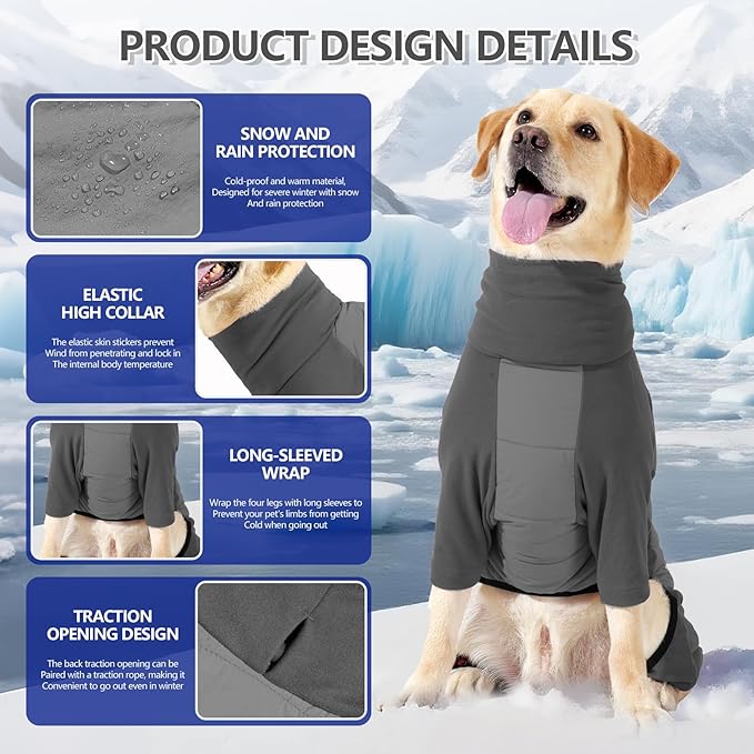 Dog Coats for Large Dogs Winter Waterproof, Fullbody Clothes Jumpsuit, Cold Weather Coats Pajamas, Four-Legged Snowsuit with Leash Hole, Large Dog Fleece Vest, L Grey