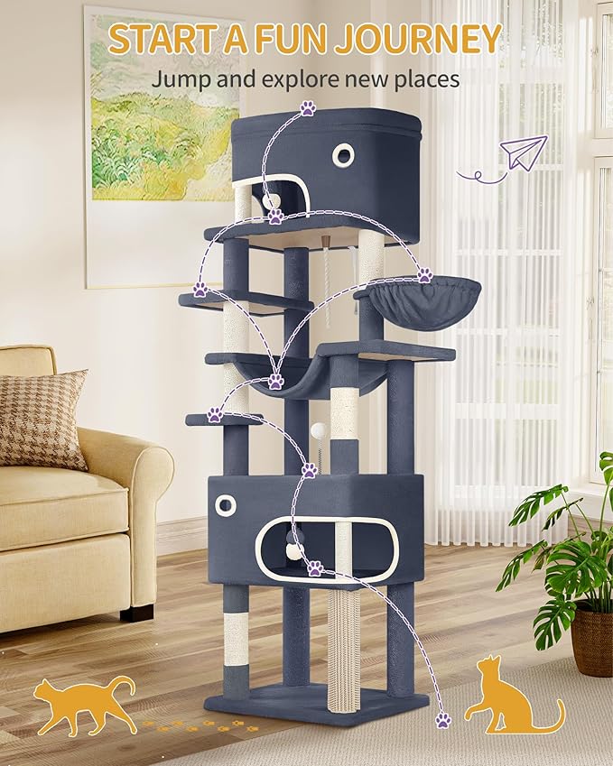 79.9 inch Cat Tree for Indoor Cats, Multi-Layer Scratching Post with Large Platform, 2 Caves, 7 Sisal Posts, Pompoms, Cat Basket, Hammock, Suitable for Cats, Dark Gray MS20318SG