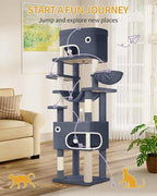 79.9 inch Cat Tree for Indoor Cats, Multi-Layer Scratching Post with Large Platform, 2 Caves, 7 Sisal Posts, Pompoms, Cat Basket, Hammock, Suitable for Cats, Dark Gray MS20318SG