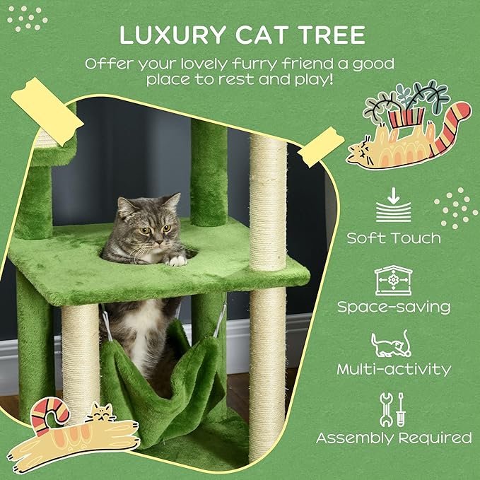 56" Cat Tree for Indoor Cats with Hammock, Scratching Posts & Play Ball, Multi-Level Cat Tower with Anti-Tip Device, Plush Perches & Sisal Rope (Green, 19.25x19.25x56 Inches)