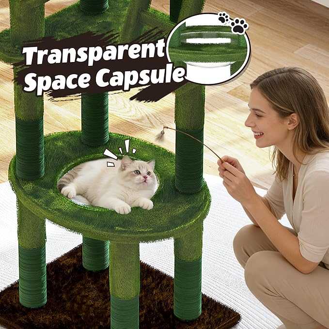 Cat Tree, 72in Indoor Cactus Cat Tree with Transparent Capsule, Sisal Scratching Posts, Plush Perches and Interactive Toys for Kittens and Large Cats, Green