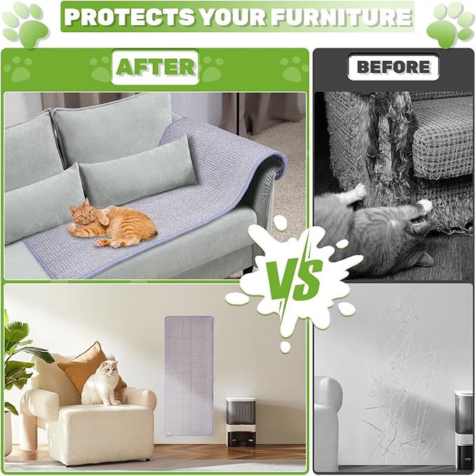 Natural Sisal Cat Scratching Mats 1 Pack,Cat Scratch Furniture Protector,Wall Mounted Wall Climbing Carpet, Horizontal Cat Scratcher Rugs Carpets Mats for Wall Couch Protection, 39.3" Lx15.7 W，Grey