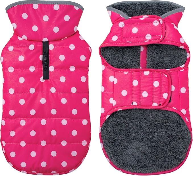 Dog Winter Coat, Waterproof Dog Jacket with Leash Hole, Reflective Adjustable Pet Snow Vest, Warm Fleece Sweater for Small Medium Large Dogs - Pink Polka Dot, S
