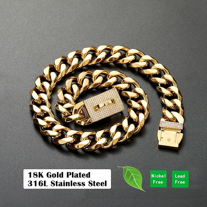 New Gold Dog Chain Collar with Bling Zircon Buckle,19MM Strong Stainless Steel Cuban Link Chain Collar,Dog Necklace Collar for Small Medium,Large Dogs