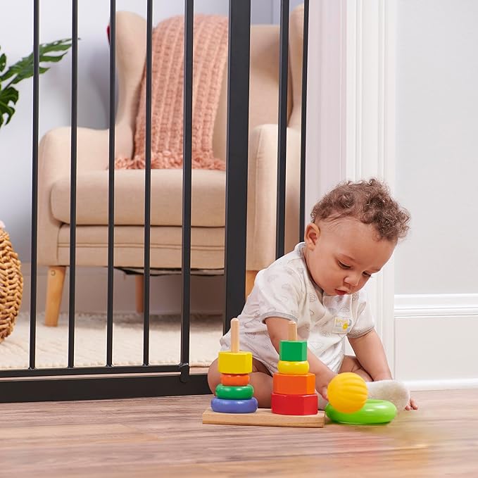 Regalo Safety 37" Extra Tall Baby Gate for Doorways & Bottom of Stairs, Wood Accent Pressure Mounted Gate with Door for Babies, Toddlers & Pets, Tested & Safe for 30 Years, American Designed and Owned