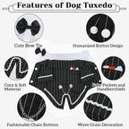DENTRUN Dog Tuxedo Suit with Bow Tie - Formal Black & White Striped Pet Costume Shirt, Elegant Wedding Outfit Birthday Party Attire for Maltese Dachshund Yorkie Puppies Shih Tzu Small Medium Dogs, M
