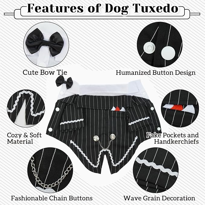 DENTRUN Dog Tuxedo Suit with Bow Tie - Formal Black & White Striped Pet Costume Shirt, Elegant Wedding Outfit Birthday Party Attire for Golden Retriever Husky Border Collie Large Dogs, XXL