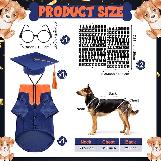 5 Pcs Dog Graduation Costume Set Include 2026 Pet Graduation Gown with Stole Puppy Grad Cap Lensless Glasses DIY Letter Stickers for Dogs Cats Holiday Costume Accessory(Blue Orange,XL)