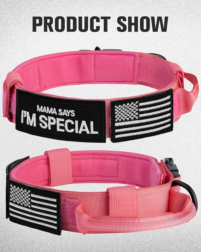 Joytale Tactical Dog Collar with Handle and Metal Buckle, Heavy Duty Padded Military Collar with 2 Patches for Training, Adjustable for Large Dogs, Hotpink, L