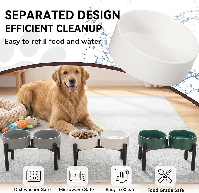 Dog Bowls Elevated - Ceramic Raised Dog Bowl with Non Slip Steel Stainless Stand - No Spill and Heated Feeding Station - Food and Water Dish Set for Medium to Large Pet - Each Holds 7.5 Cups – Grey