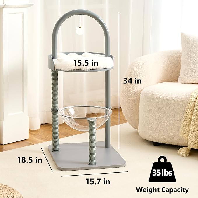 34" Modern Cat Tree Furniture, Minimalist Metal Frame Cat Tower with Wood Platforms, Washable Cushion & Scratching Post, Stylish Cat Condo for Indoor Cats, Dove Gray