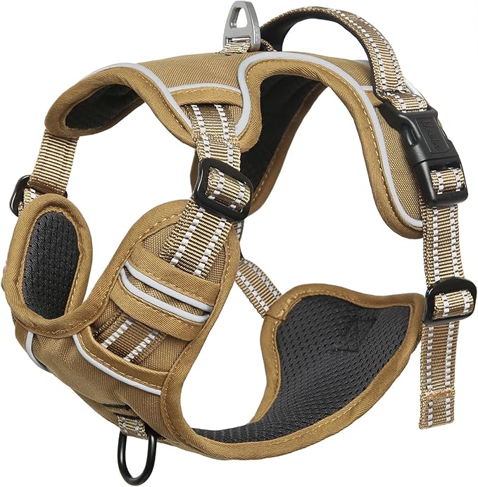 HEELE Dog Harness, Dog Harness for Small Medium Large Dogs No Pull Adjustable Padded Reflective Harness with Handle for Walking Training, Brown, M