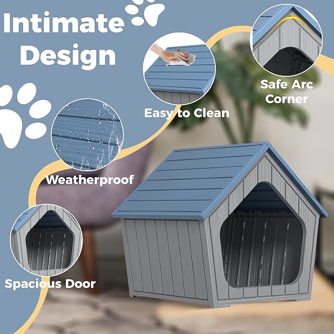 Dog House Outdoor for Puppy, Durable Small Dog House Indoor, Waterproof and Scratch Resistant Animal Shelter with Air Vents and Elevated Floor, Easy Assembly (Deep Blue)